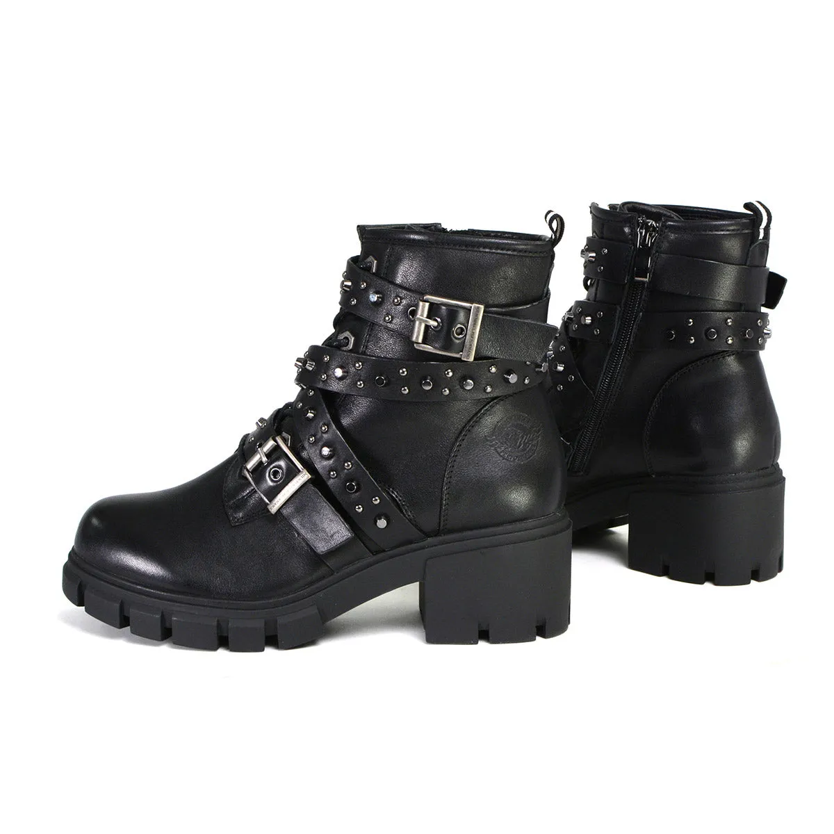 MBL9444 Women's ‘Bruiser’ Black Leather Lace to Toe Boots with Studded Straps
