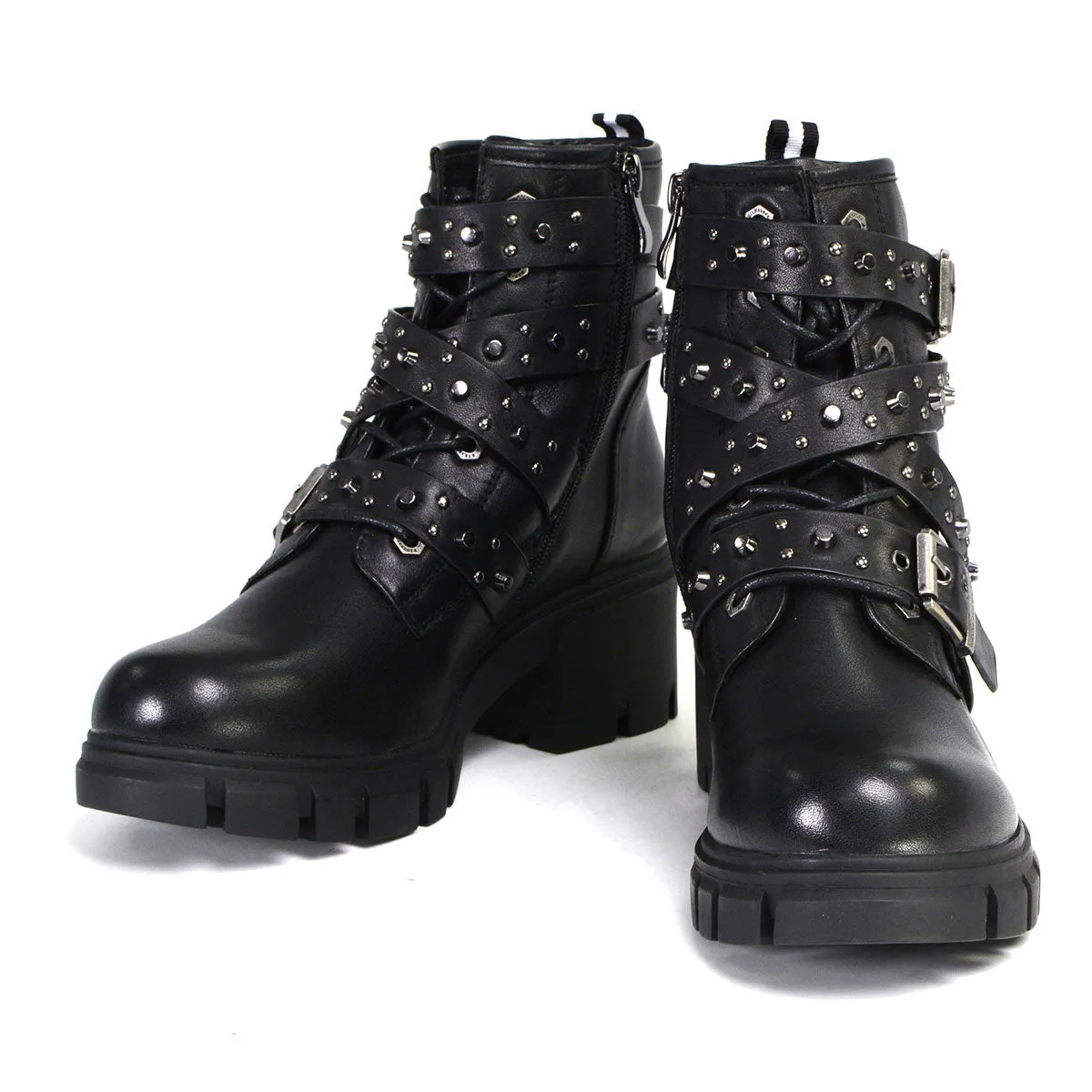 MBL9444 Women's ‘Bruiser’ Black Leather Lace to Toe Boots with Studded Straps