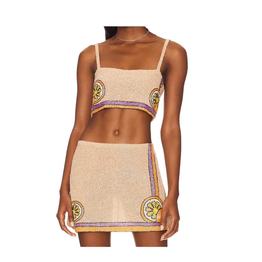 Melodie Co-ord Hand Embroidered Crystal Top Peach
