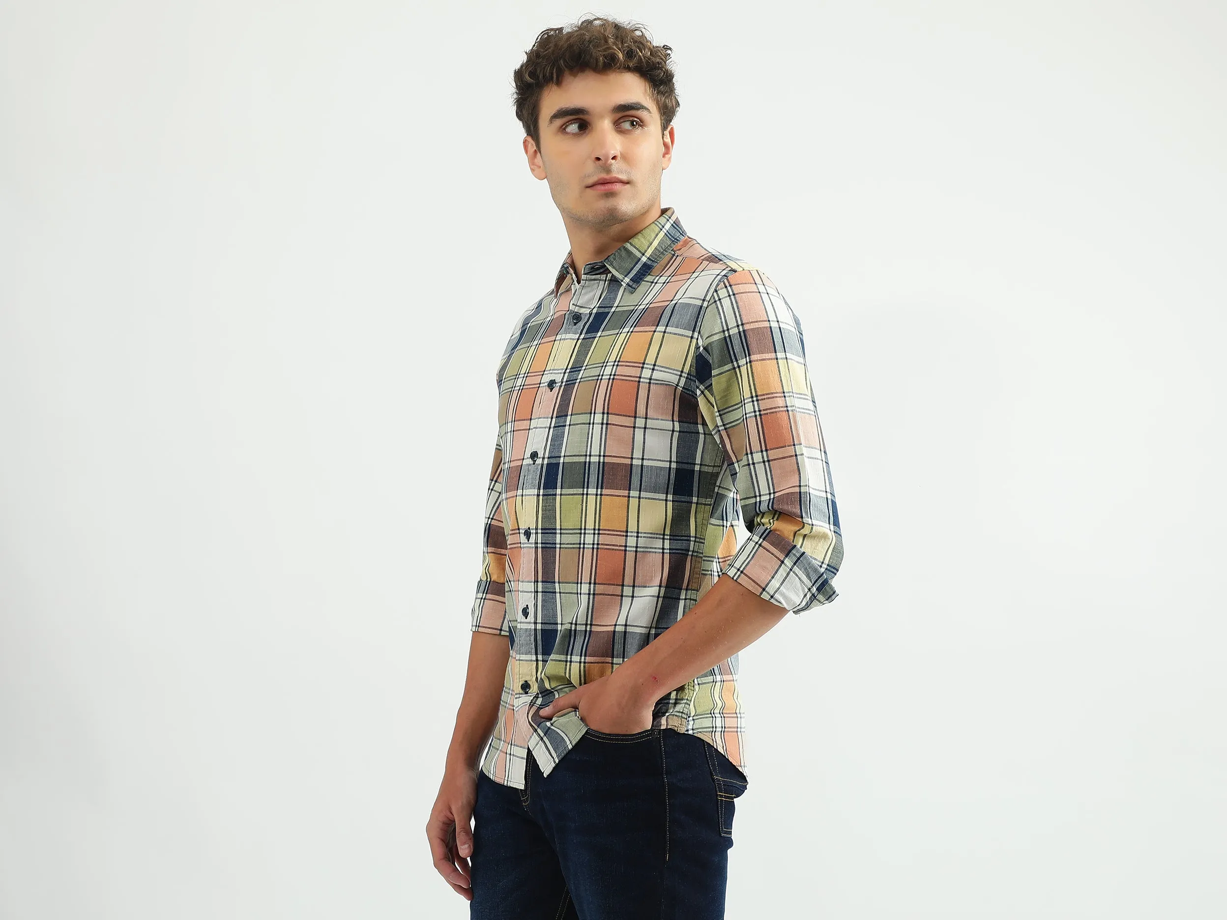 Men Checked Spread Collar Shirt