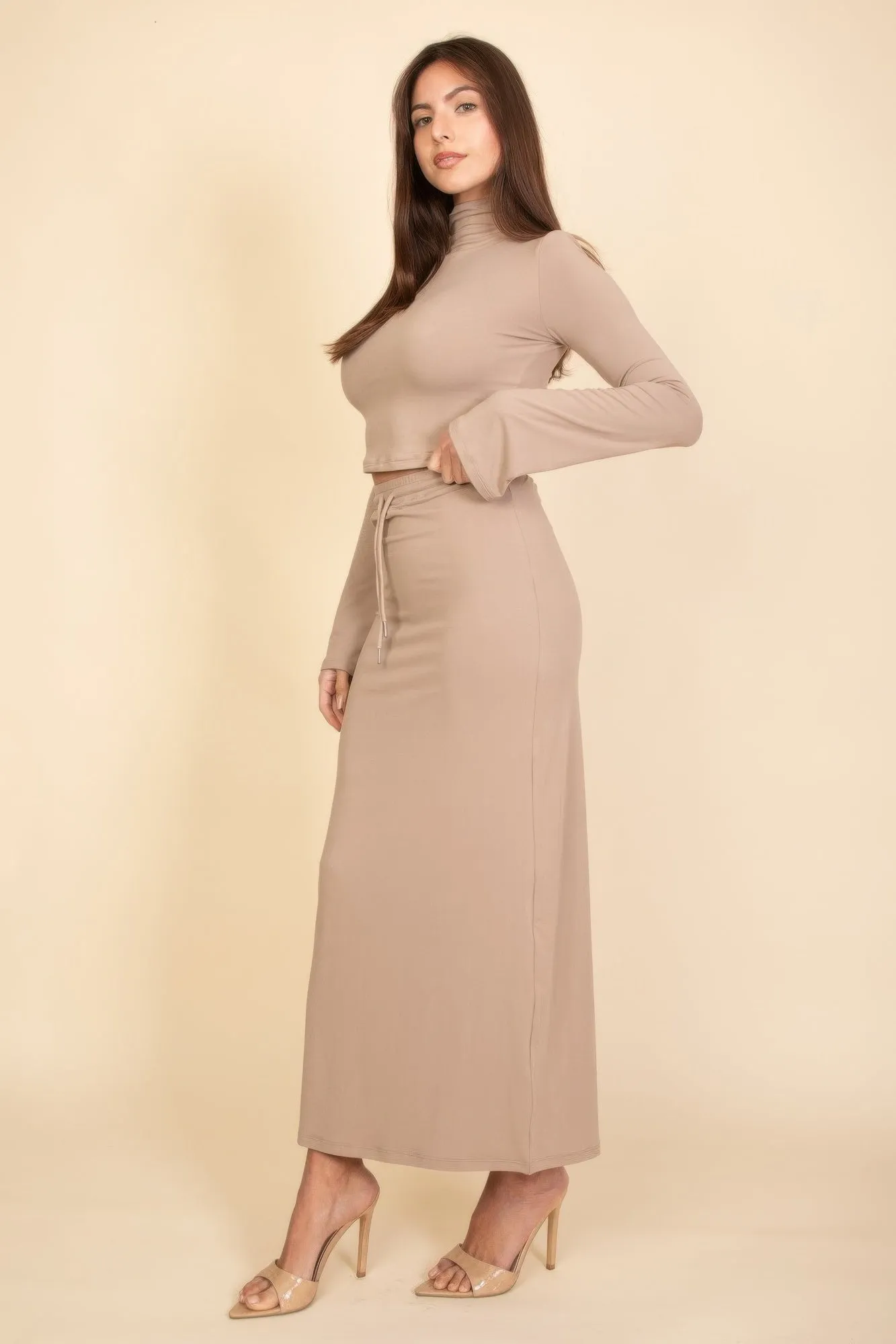 Mock Neck Bell Sleeve Crop Top & Maxi Skirt Set
