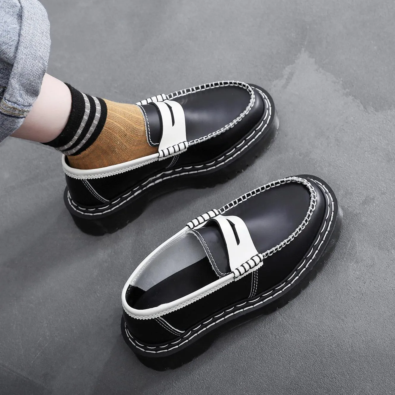 PEOPLETERRITORY Aberdeen loafers women's contrasting leather low-top small leather shoes women's medium and platform British style fashion student casual shoes