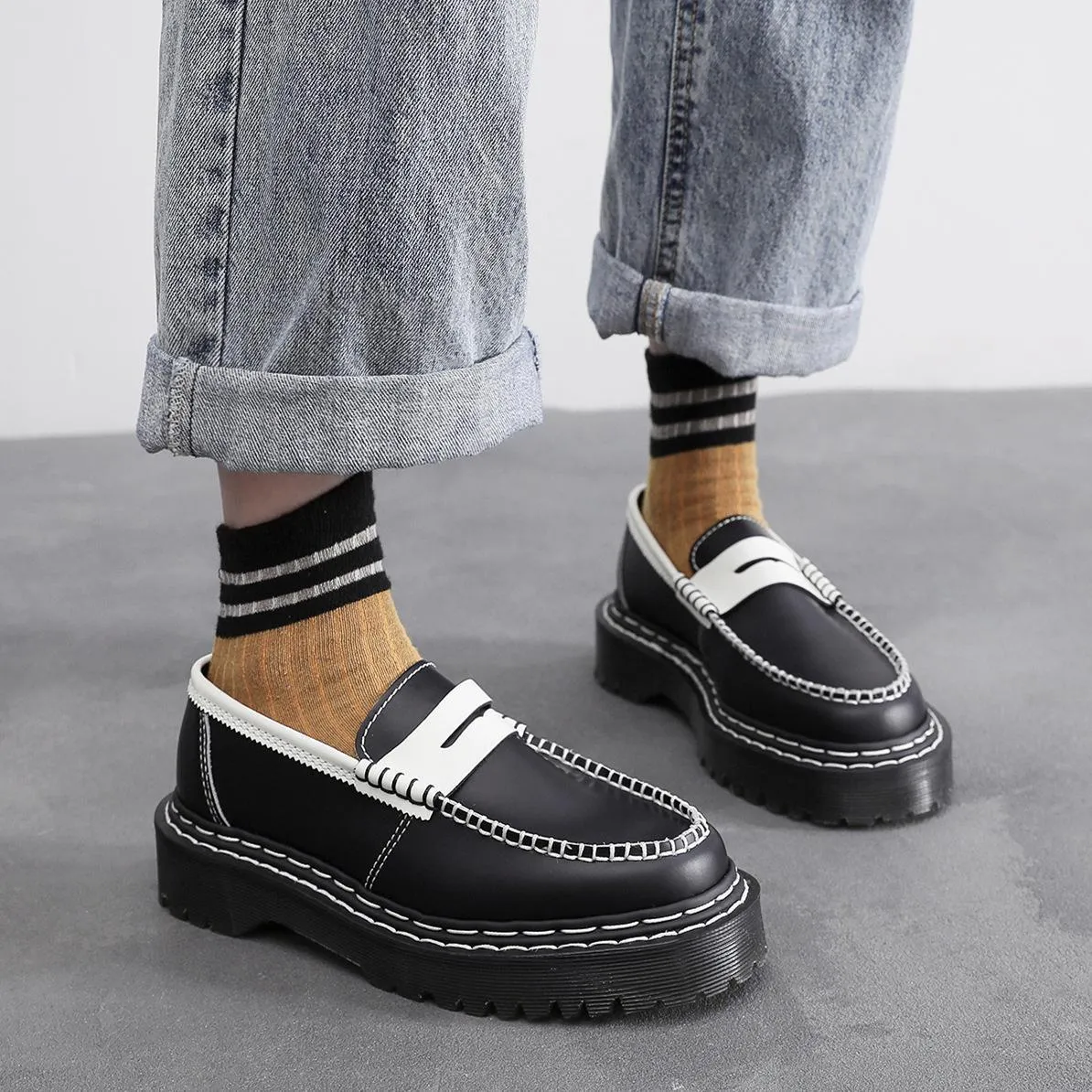 PEOPLETERRITORY Aberdeen loafers women's contrasting leather low-top small leather shoes women's medium and platform British style fashion student casual shoes