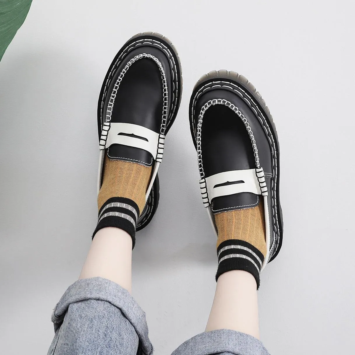 PEOPLETERRITORY Aberdeen loafers women's contrasting leather low-top small leather shoes women's medium and platform British style fashion student casual shoes
