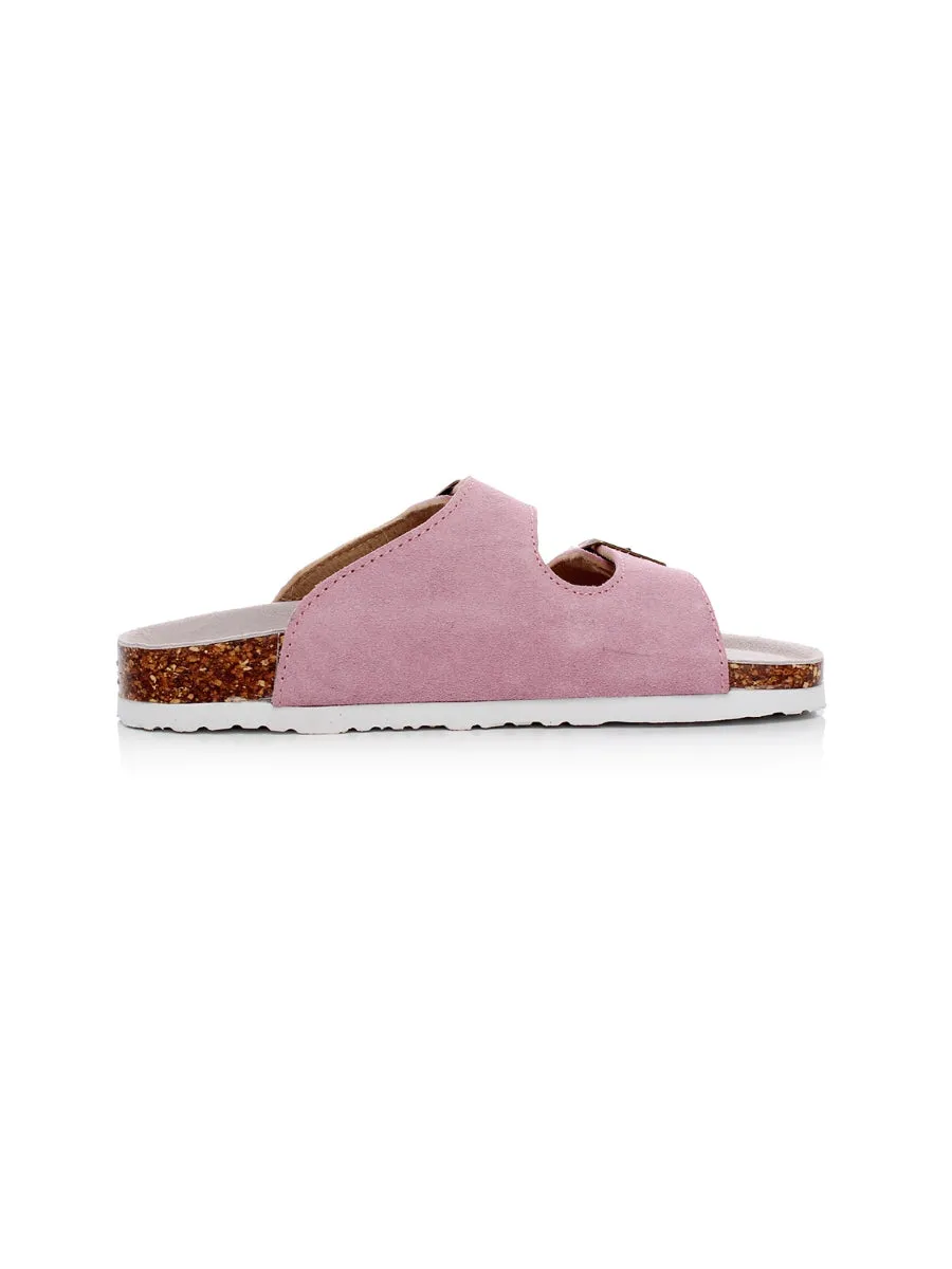 Pink Double-Buckle Wide-Strap Suede Leather Sandals
