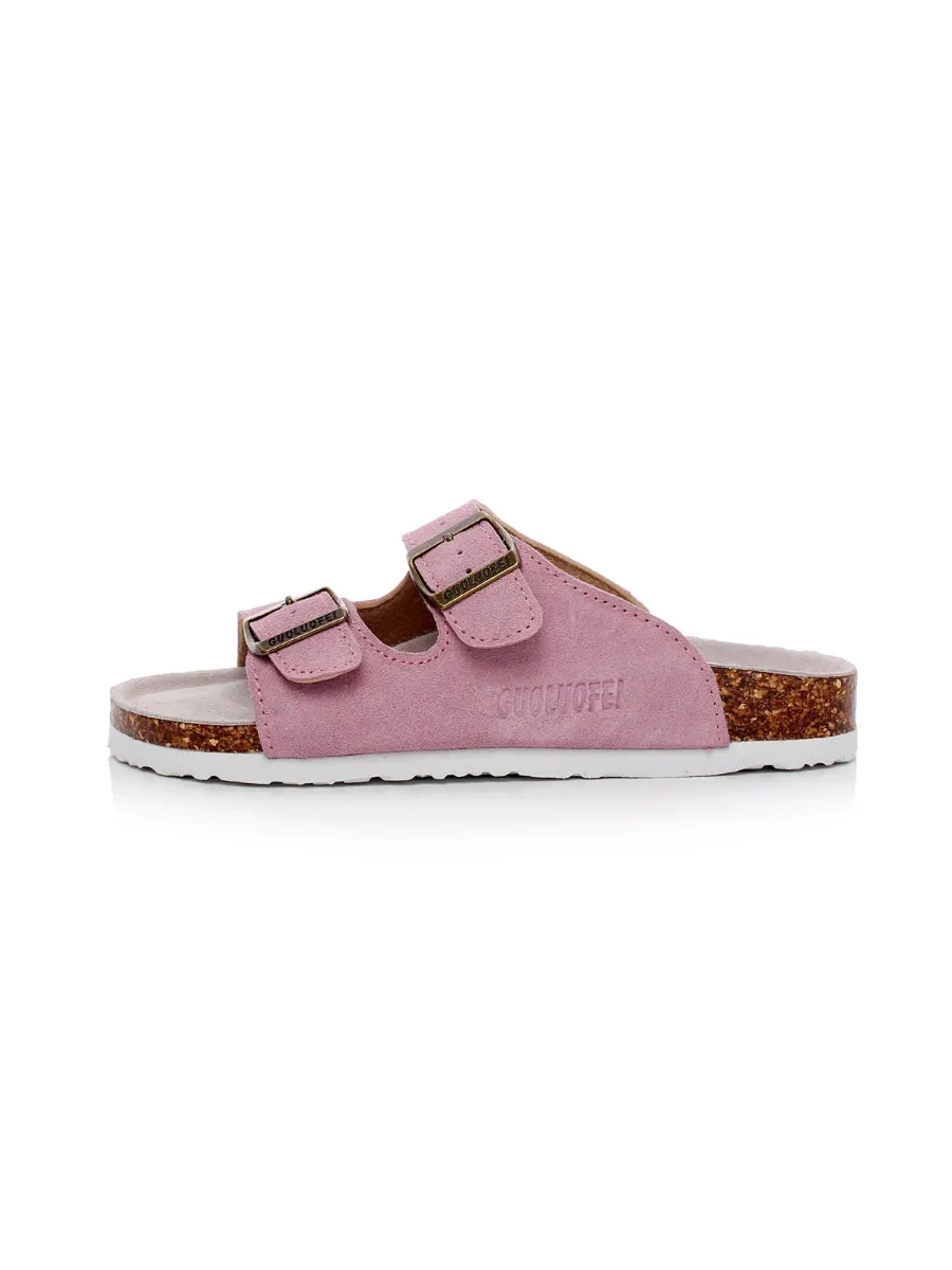 Pink Double-Buckle Wide-Strap Suede Leather Sandals