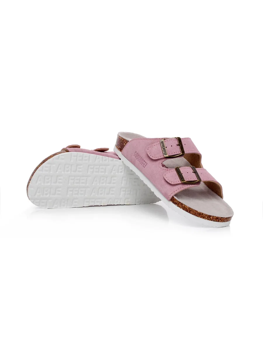 Pink Double-Buckle Wide-Strap Suede Leather Sandals