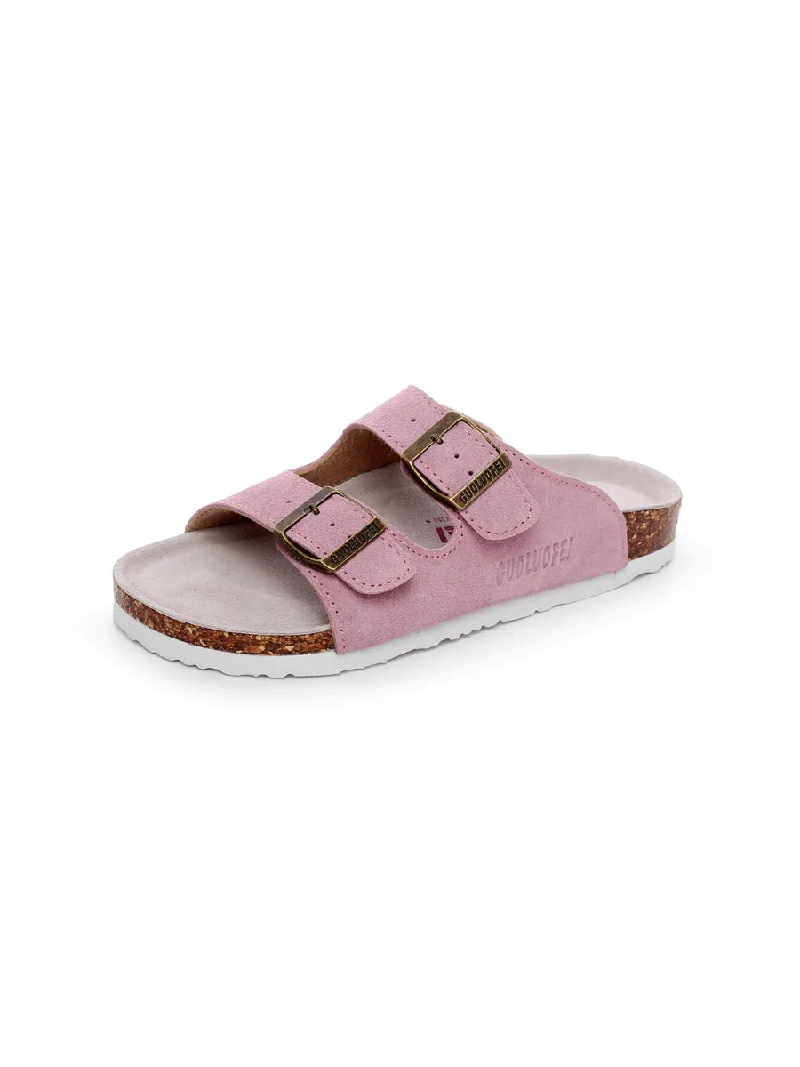 Pink Double-Buckle Wide-Strap Suede Leather Sandals