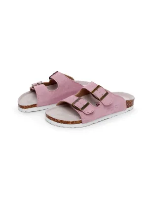 Pink Double-Buckle Wide-Strap Suede Leather Sandals