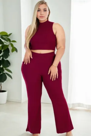 Plus Size Ribbed Mock Neck Crop Tank Top& Bootcut Pants Set