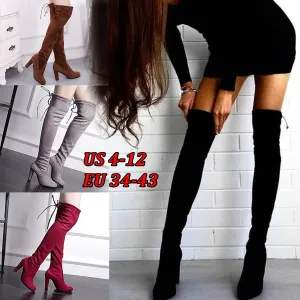 Shoes Long Boots Suede High Heel Knee High Boots 34-43(Please Buy Larger Size Than Usual)