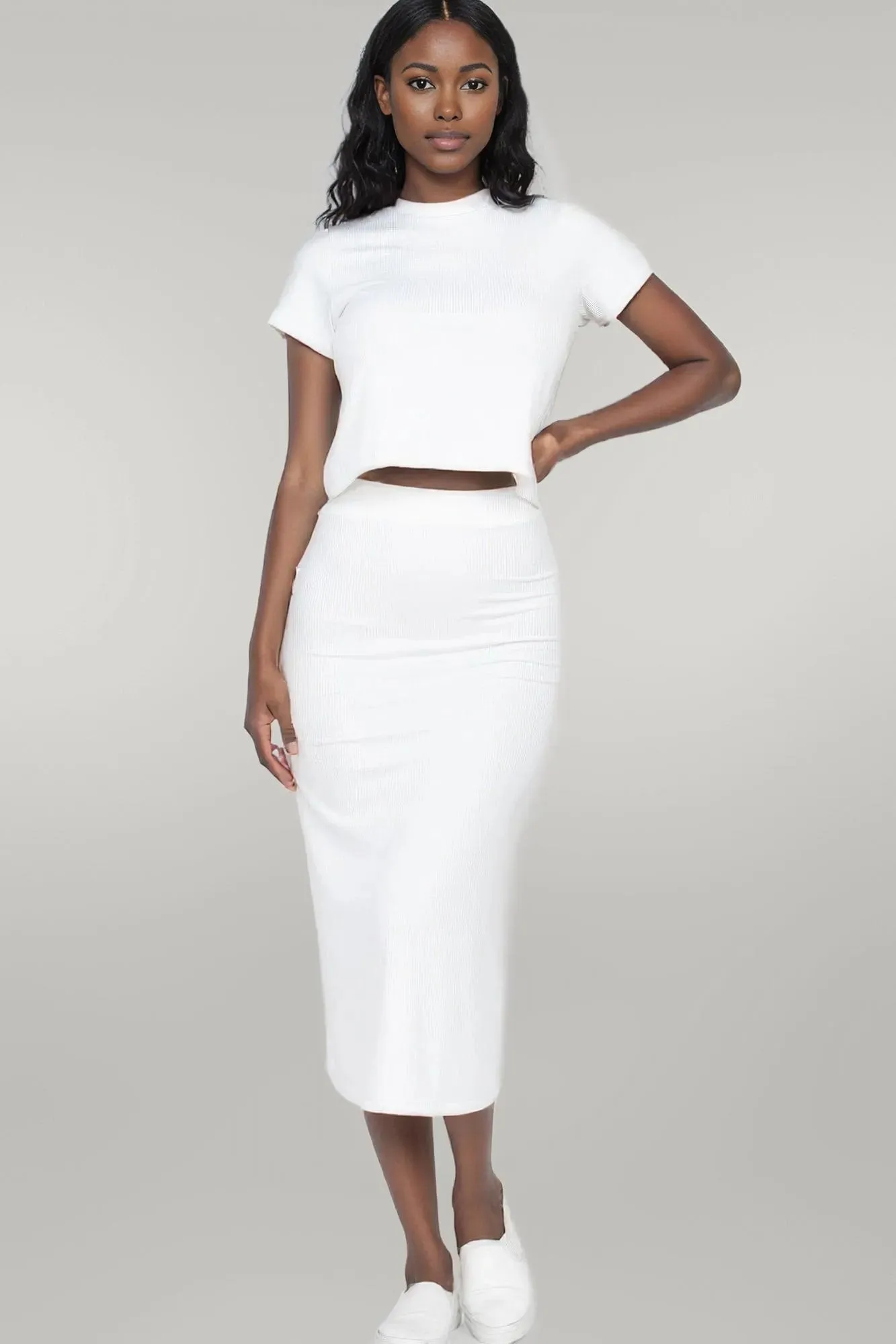 Short Sleeve Ribbed Top & Midi Skirt Set
