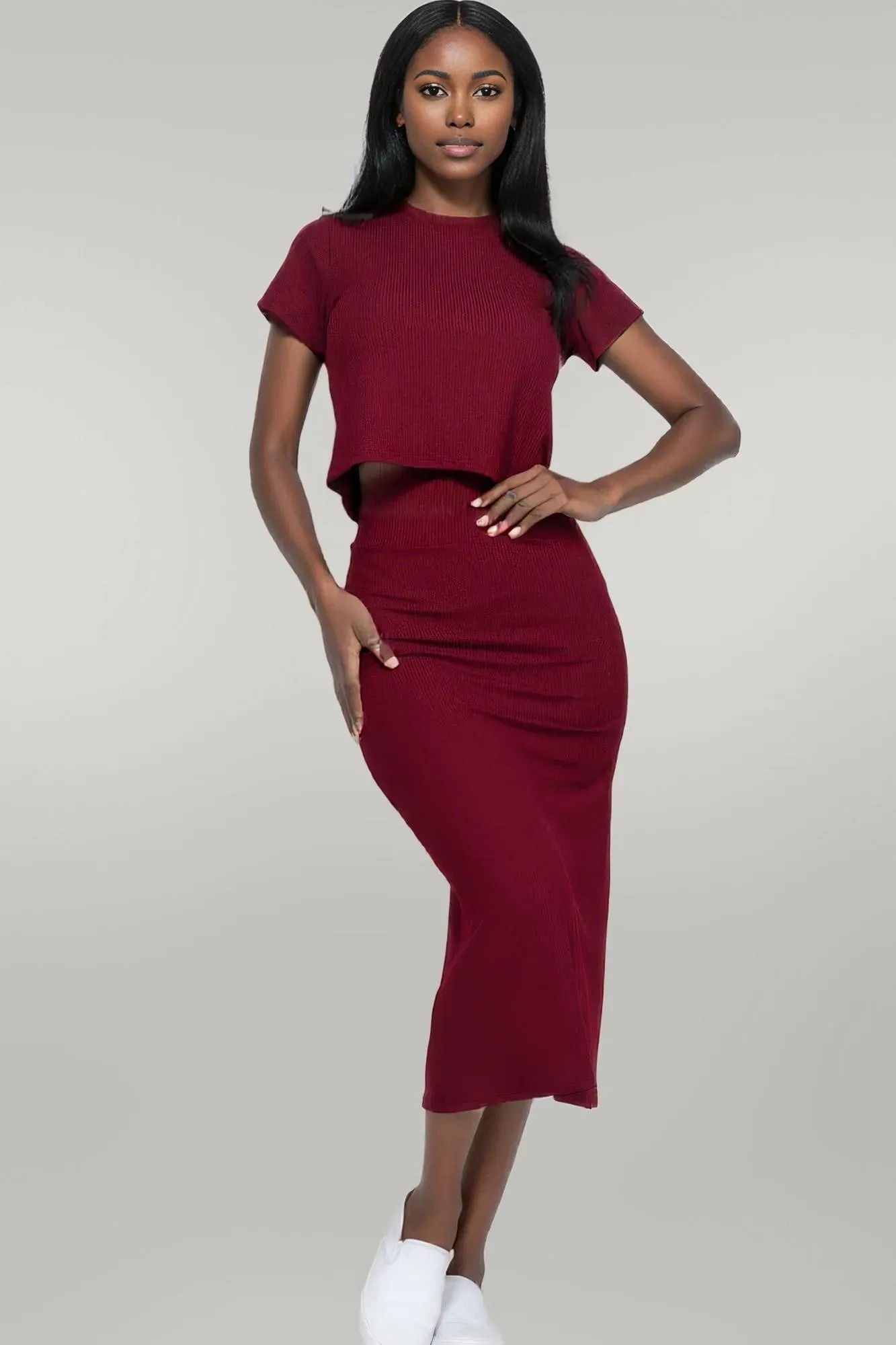 Short Sleeve Ribbed Top & Midi Skirt Set