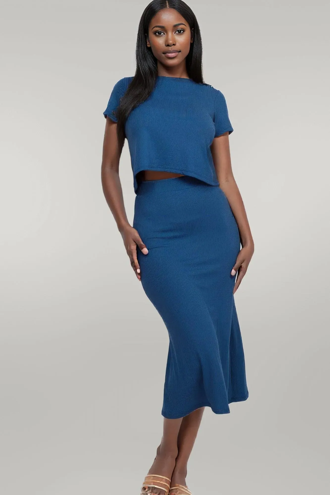 Short Sleeve Ribbed Top & Midi Skirt Set