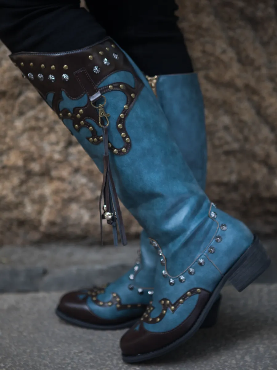 Studded Tassel Detailed Knee Western  Boots - Blue