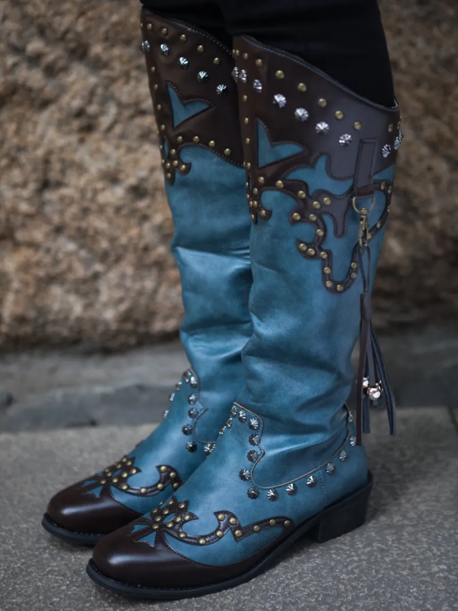 Studded Tassel Detailed Knee Western  Boots - Blue
