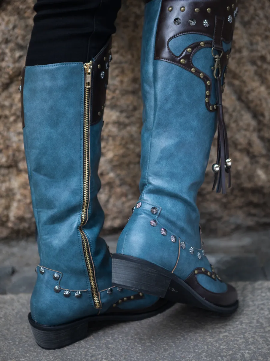 Studded Tassel Detailed Knee Western  Boots - Blue