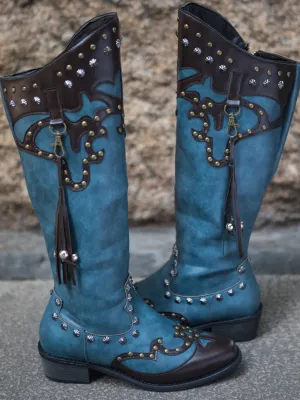 Studded Tassel Detailed Knee Western  Boots - Blue