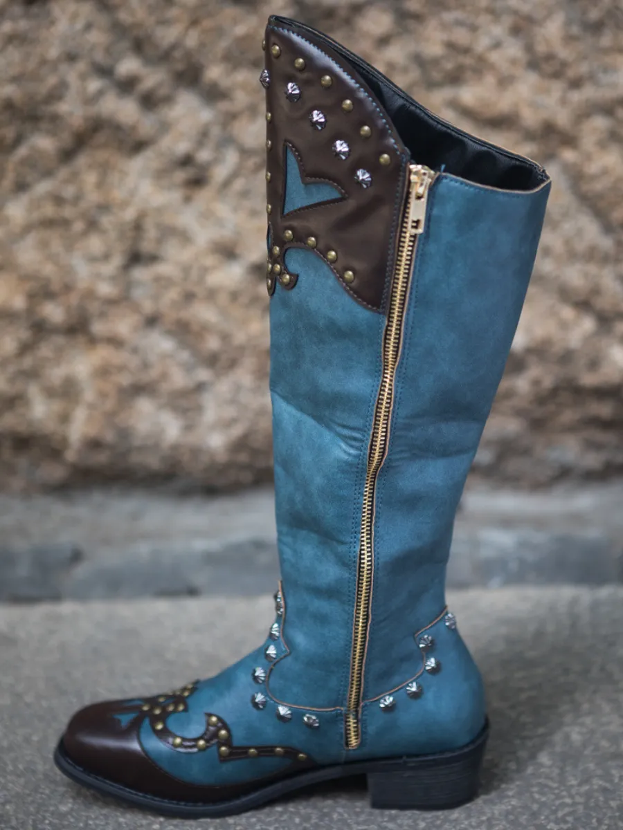 Studded Tassel Detailed Knee Western  Boots - Blue