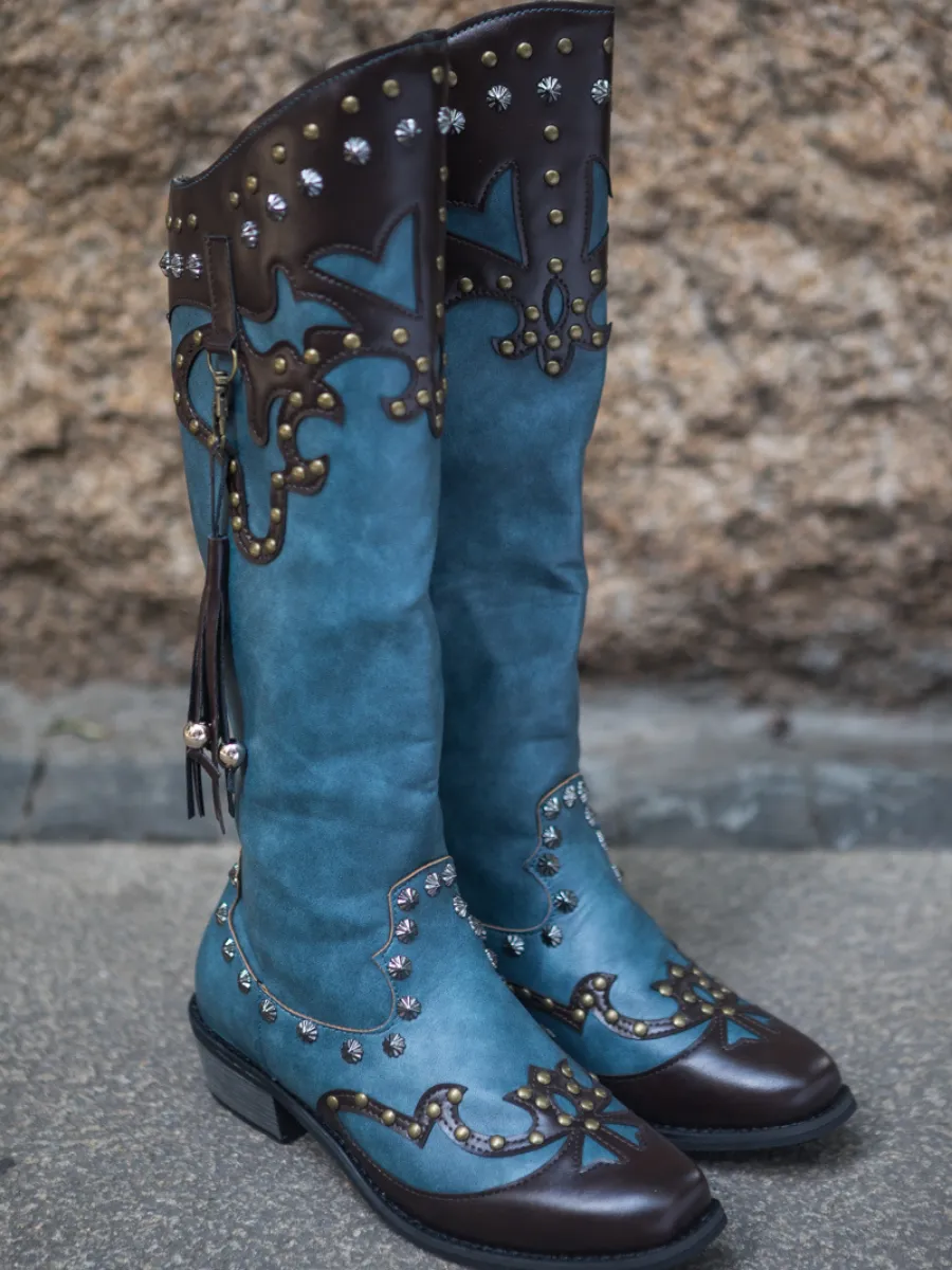 Studded Tassel Detailed Knee Western  Boots - Blue
