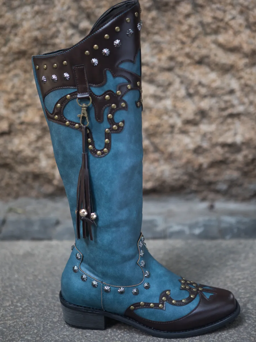 Studded Tassel Detailed Knee Western  Boots - Blue