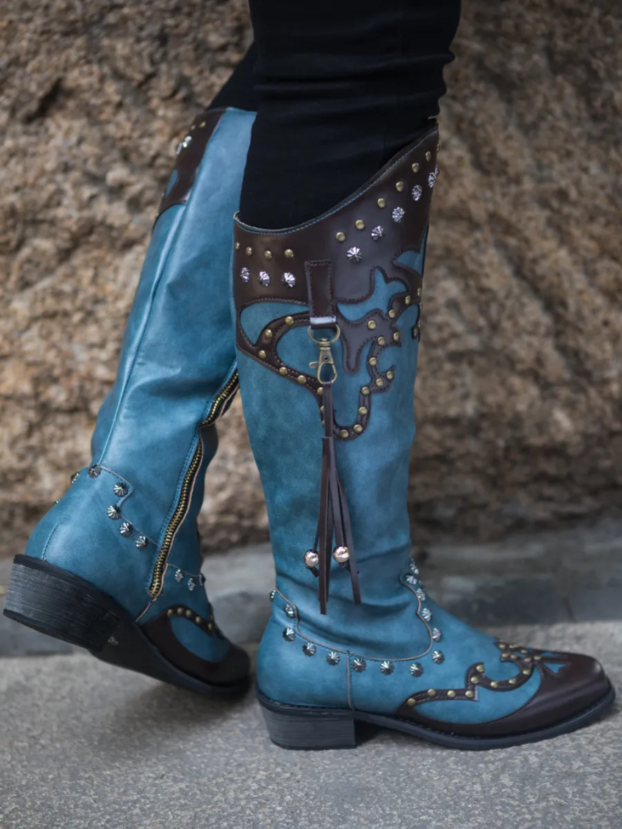 Studded Tassel Detailed Knee Western  Boots - Blue