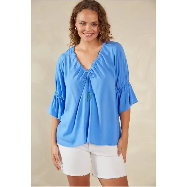 V-Neck Ruched Top - Blue